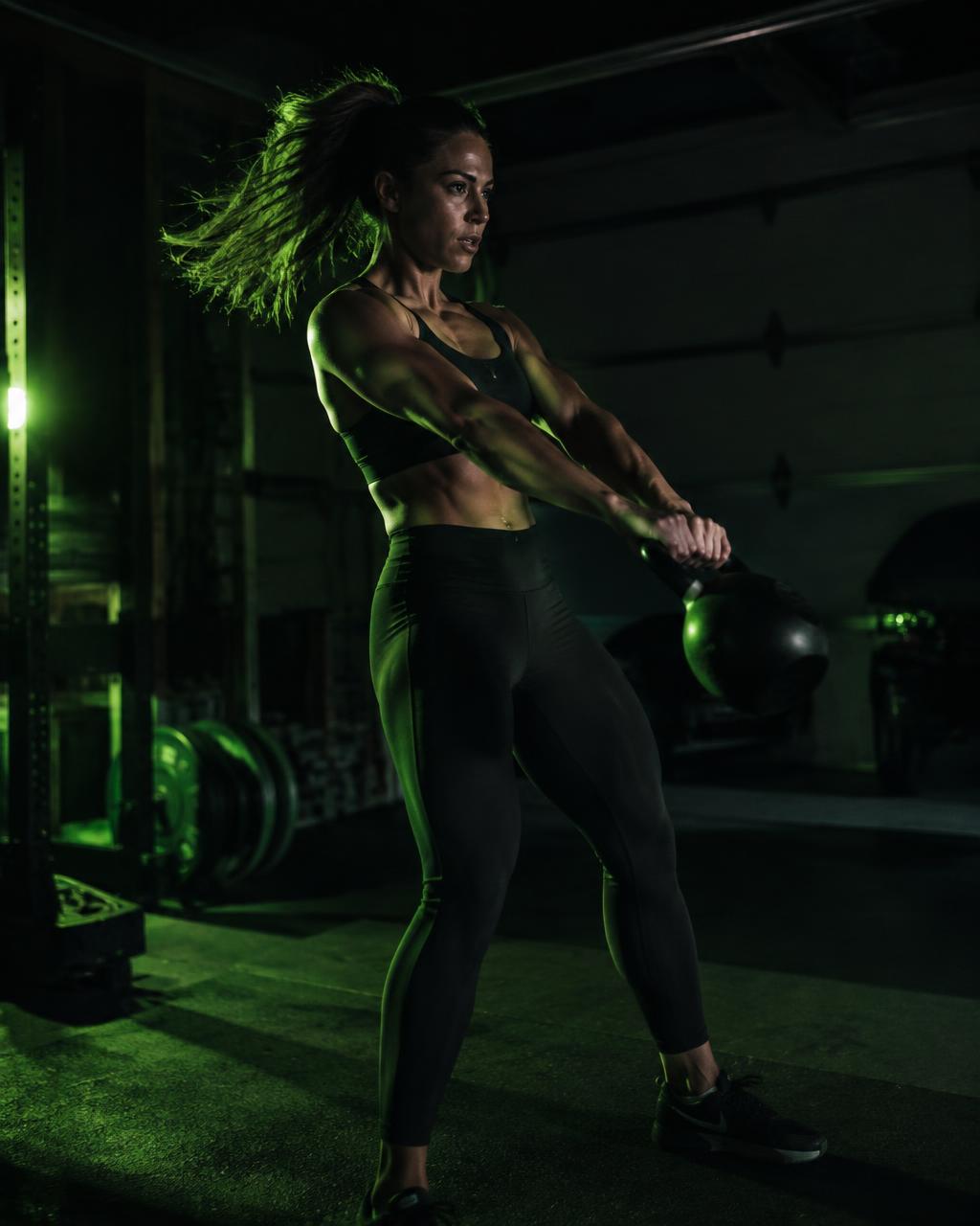Athlete doing a kettlebell swing in a garage gym